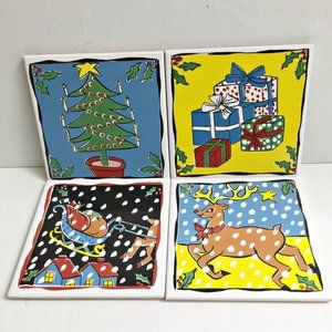 4 Christmas Tiles Set Reindeer Gifts Sleigh Xmas Tree Ceramic Cork Back Portugal